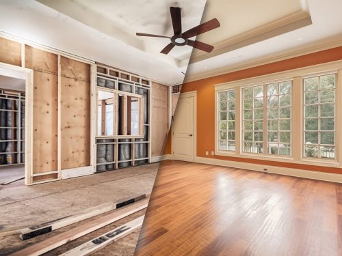 Home Interior Before And After Cleanup and Construction with New Hardwood Floors and Paint - Generative AI.